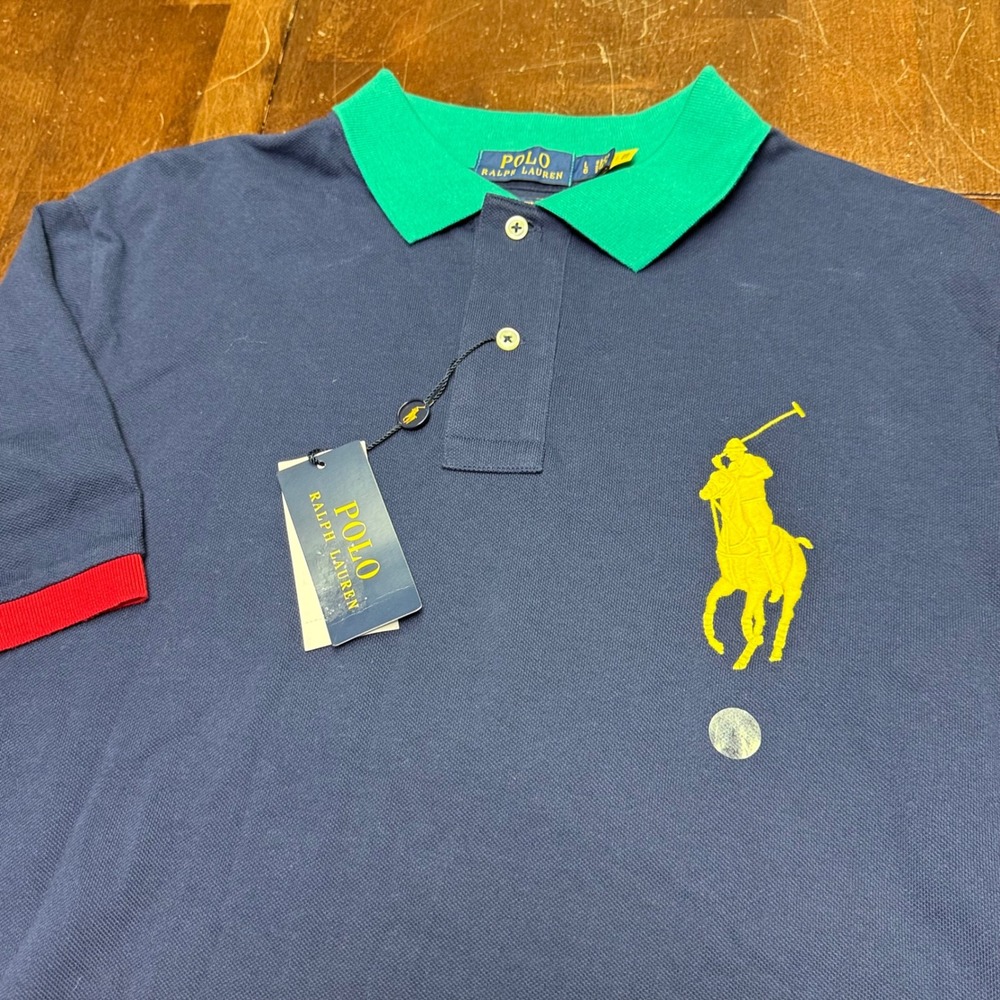 New Polo Ralph Lauren Polo Shirt Mens L Navy Colorblock Big Pony Classic Fit